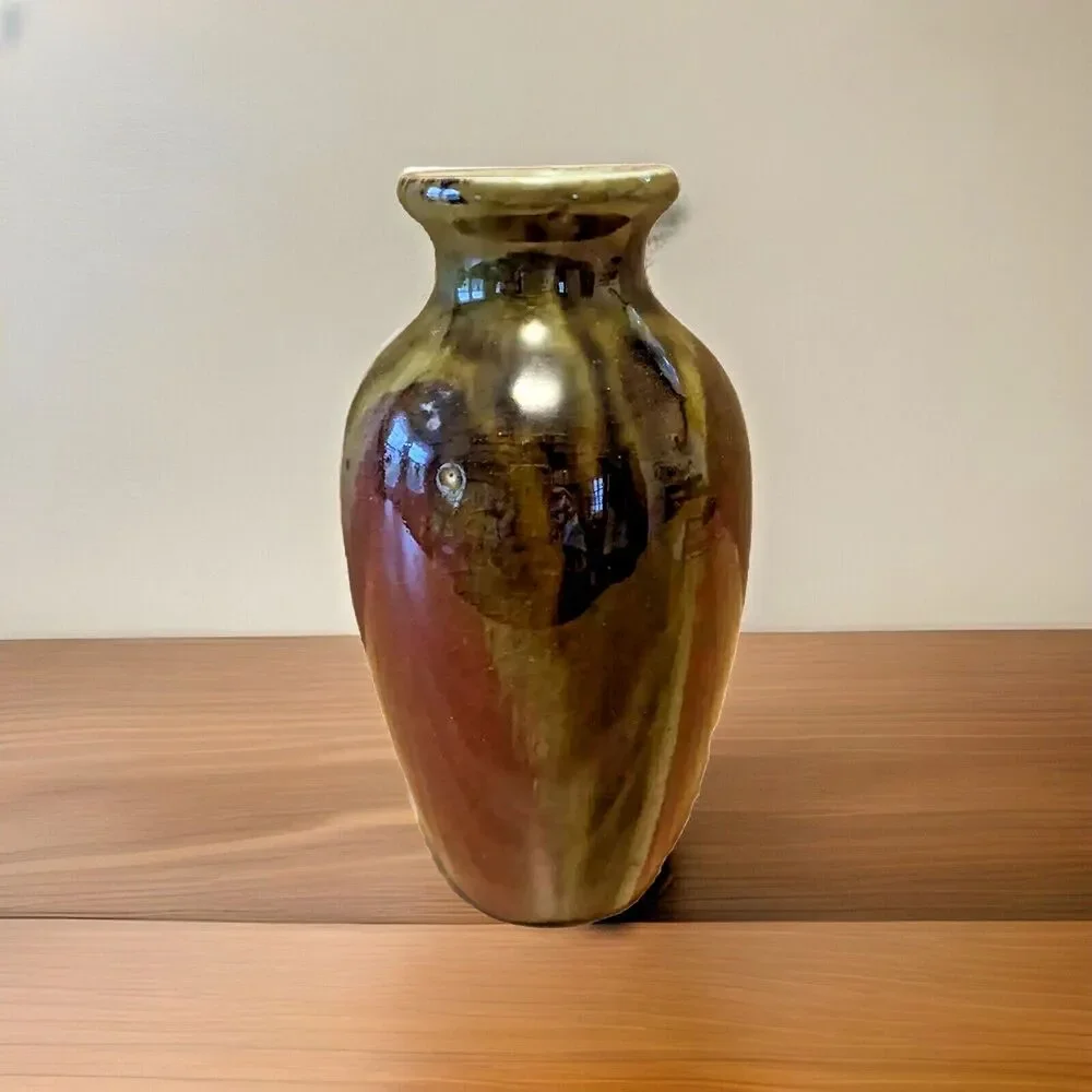 Art Pottery Flower Vase Crackle Glaze Moss Green Wine Red Brown 5.75” Small